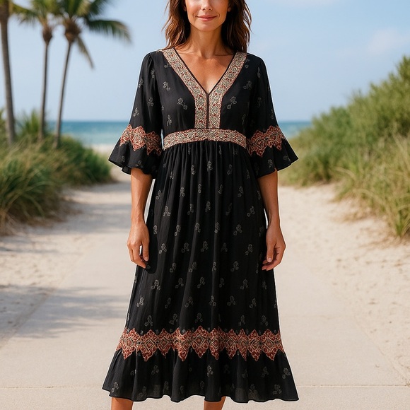 Sundance Dresses & Skirts - Sundance Boho‎ Embroidered Midi Dress Black Floral Size 4